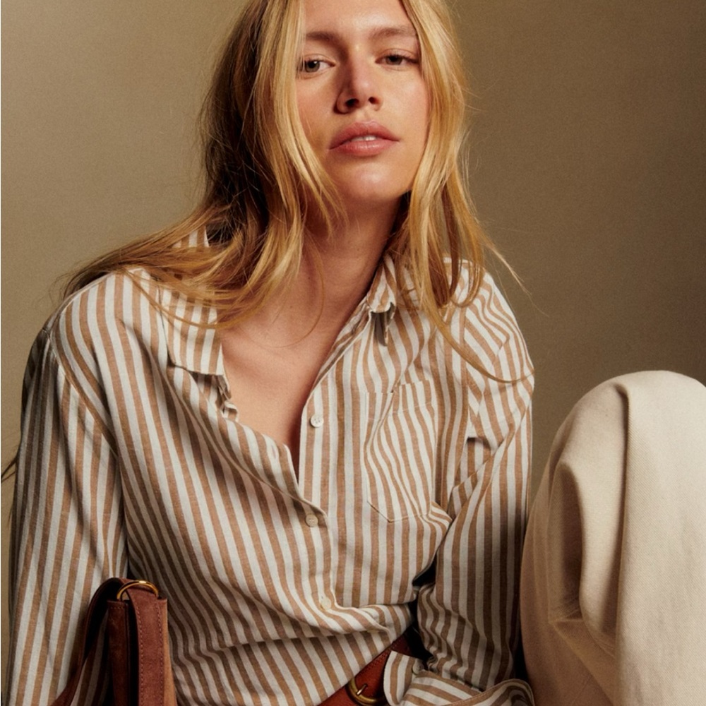 Sezane Tomboy Shirt Ecru-camel Stripes - Size 4
